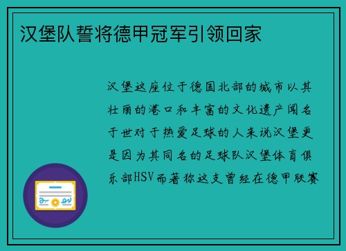 汉堡队誓将德甲冠军引领回家