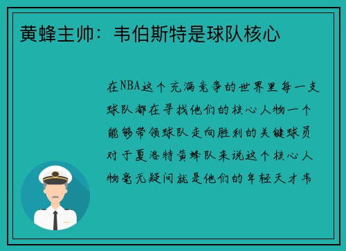 黄蜂主帅：韦伯斯特是球队核心